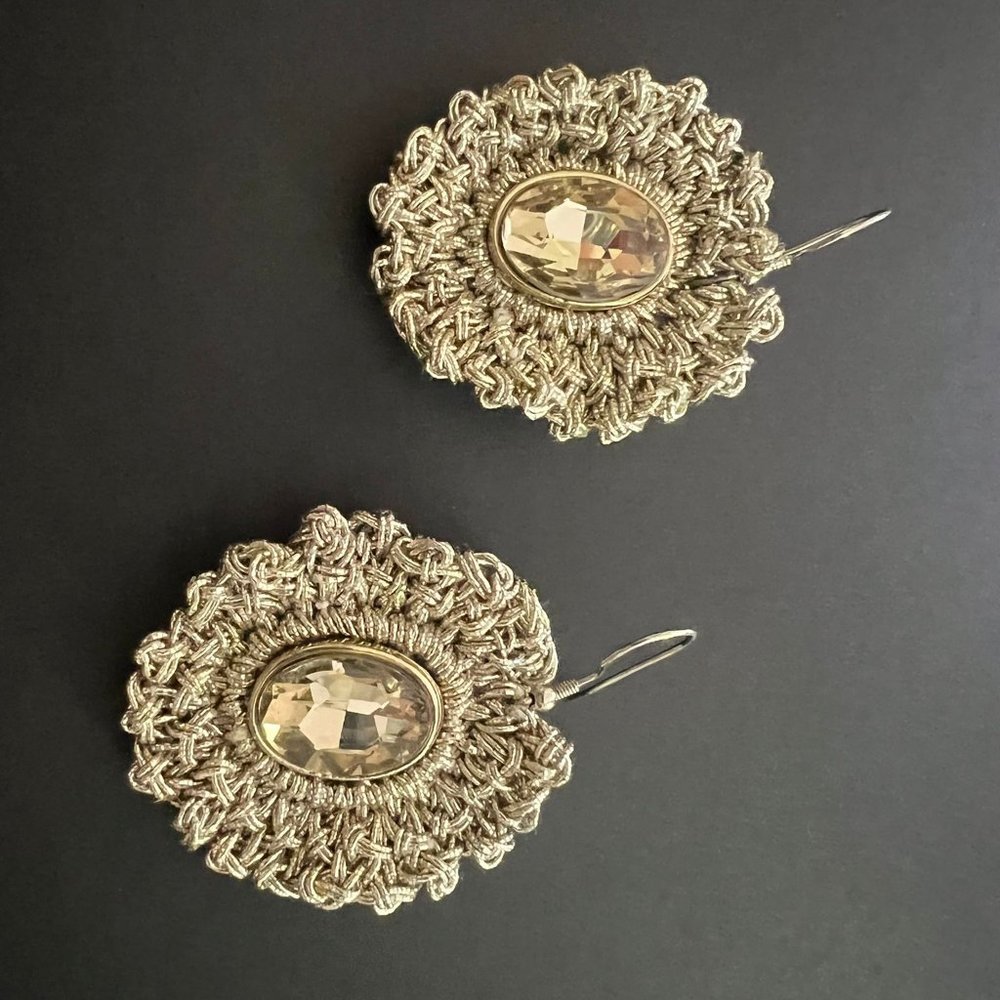 Crochet earrings with gold colored stone earring